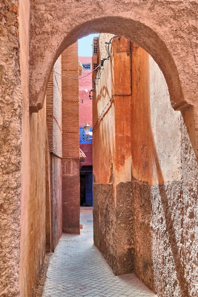 The narrow streets of the Medina in Marrakesh, Morocco