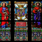 Close-up of stained glass window, St Vitus Cathedral, Prague Castle, Czech Republic