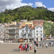 Sintra, near Lisbon, Portugal. Attractions: Sintra National Palace, mediaeval Castelo dos Mouros, Pena National Palace,  and the adjacent Sintra-Cascais Nature Park.
